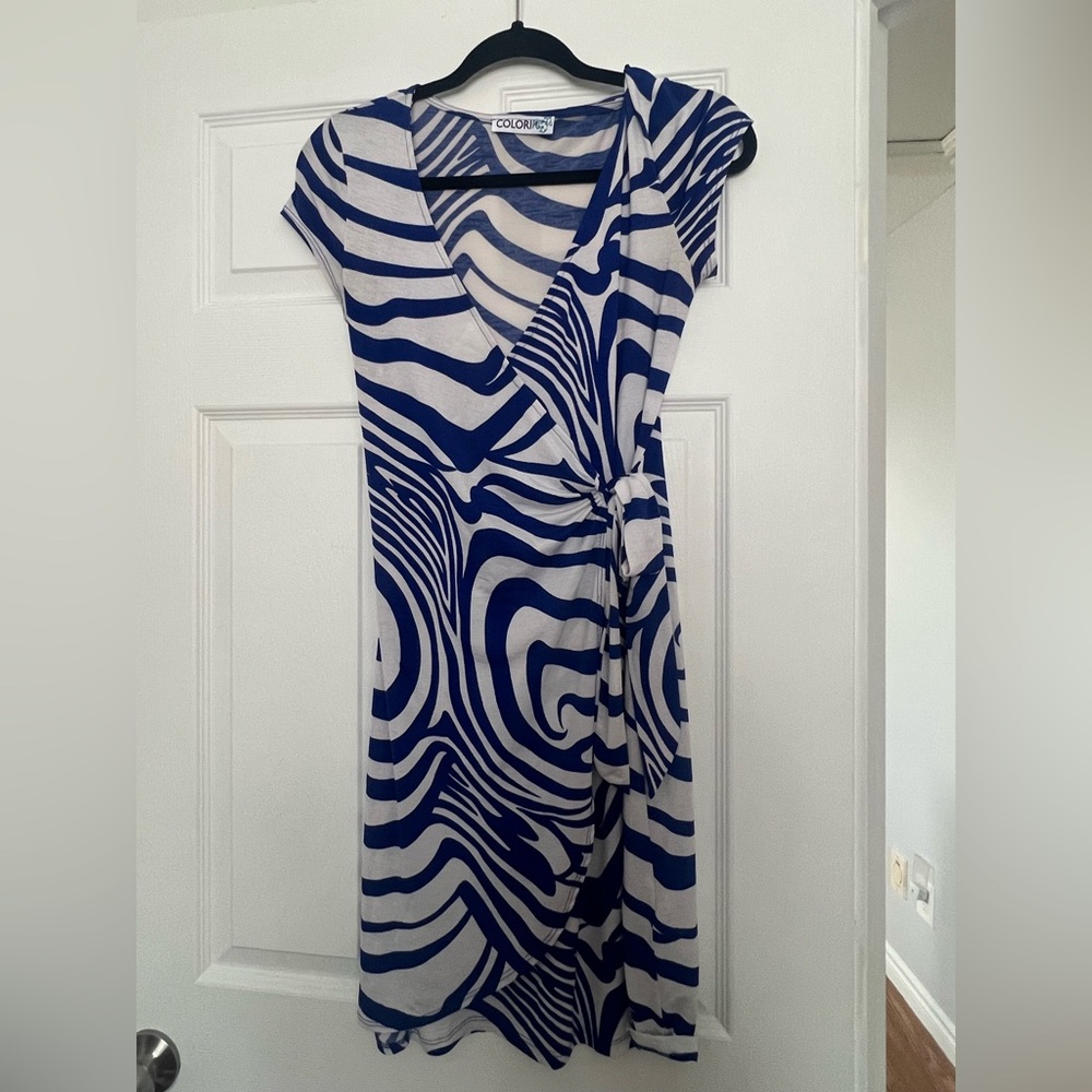 Colori Blue and White Zebra Print Wrap Dress